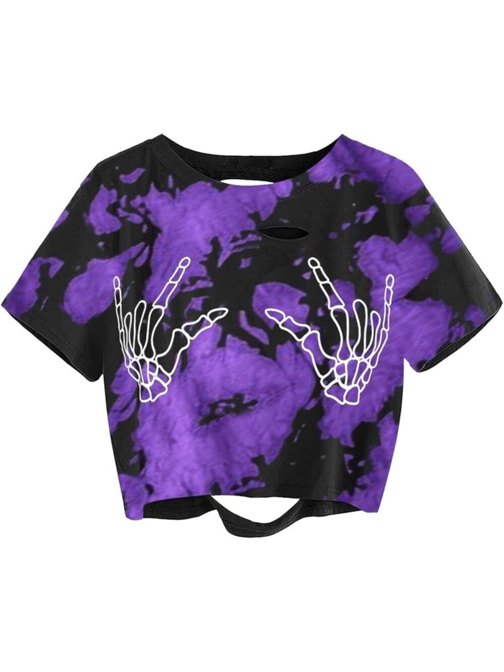 Womens Tie Dye Purple Skull Finger Graphic Distressed Ripped Crop Top Tee Shirt